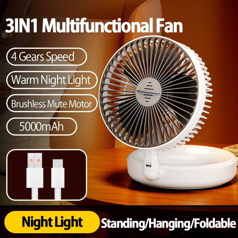 (5000 Mah Blanco) Ventilador Portátil Multifuncional 3 En 1 Recargable De 5000 Mah, Se Puede Montar En La Pared, Se Pliega A 90°, Tiene Cuatro Velocidades De Viento Y Una Luz Nocturna Cálida.