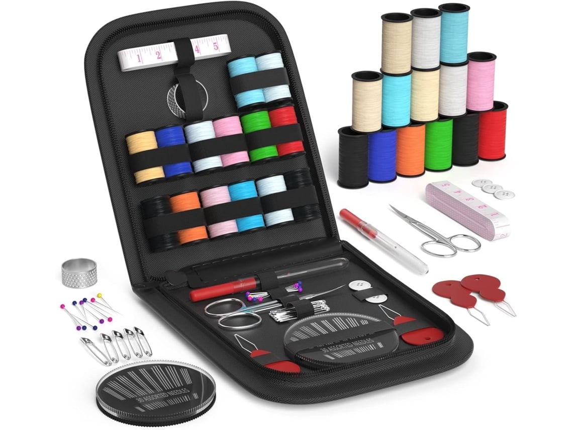 Mini kit de costura con accesorios y estuche de transporte para uso doméstico, viajes, emergencias y costura.