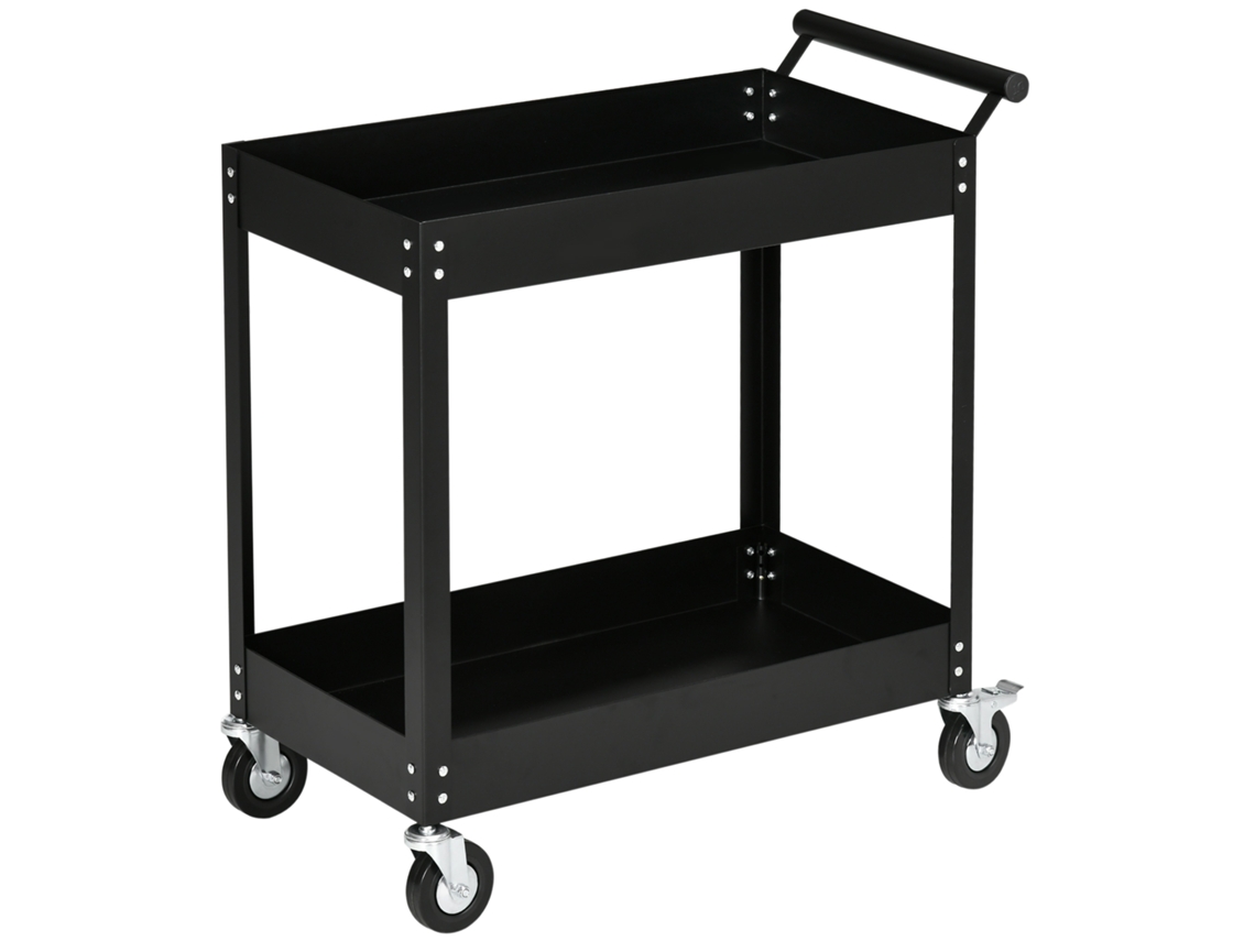 Carro De Taller Con 2 Estantes, Asa Lateral, 4 Ruedas De Acero, Capacidad De 150 Kg, Negro, 85x38x84cm