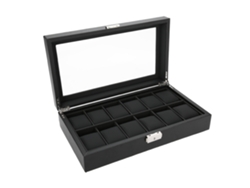 Caja Para Guardar Relojes Con 12 Compartimentos, De Cuero Sintético Negro Y Fibra De Carbono.