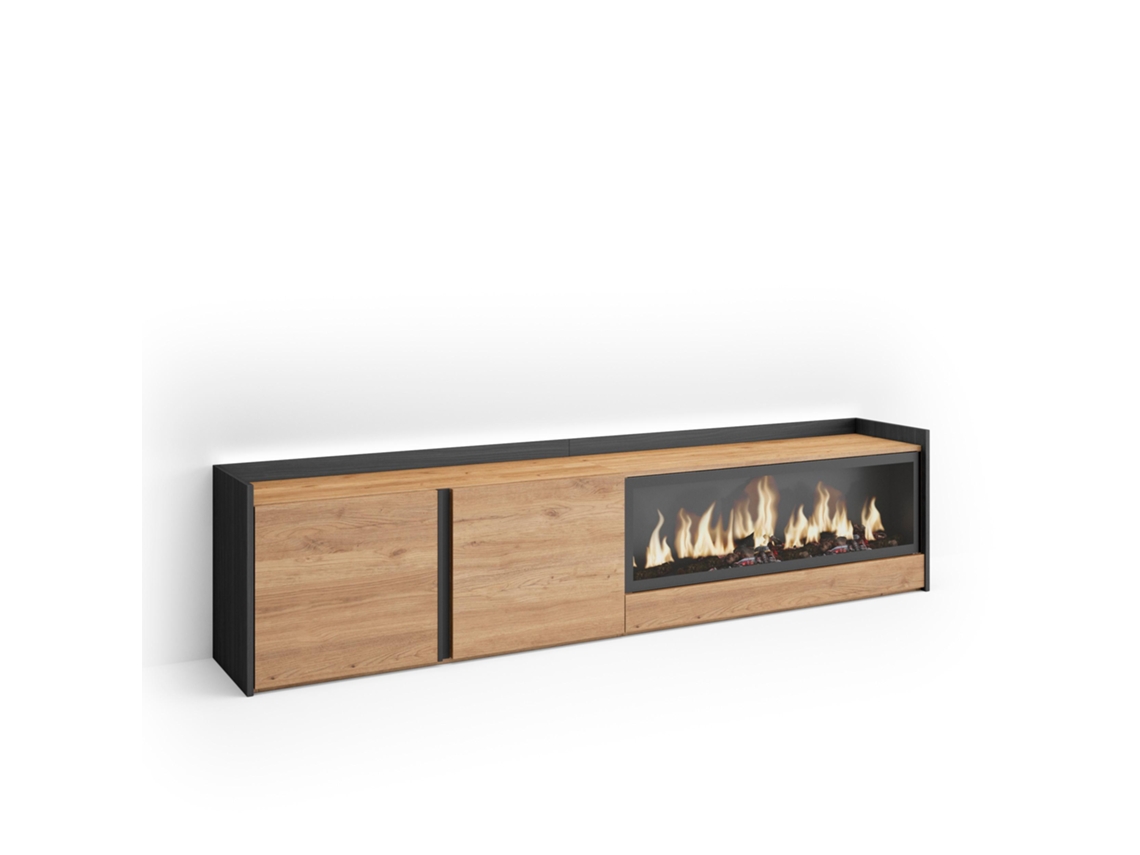 Mueble Tv, Televisión, 212x35x50cm, Para Tv Hasta 80", Chimenea Eléctrica Xxl, Led, Roble Y Negro