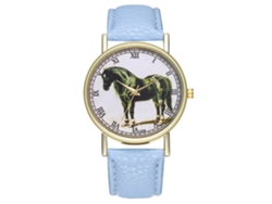 Reloj De Pulsera Unisex Informal Con Estampado De Caballo Negro Y Movimiento De Cuarzo Azul Claro.