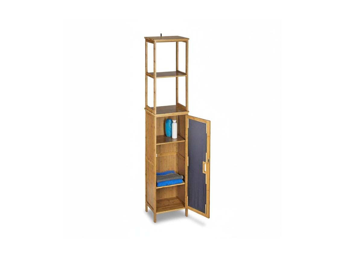 Relaxdays Estantería Baño, Bambú, 5 Baldas, Armario De Pie, Puerta, 170x33,5x28 Cm, Mueble Organizador, Marrón Natural