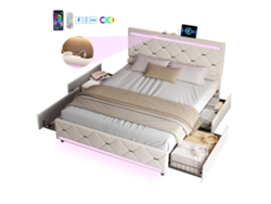 Cama Tapizada Con Iluminación Led, Cama Doble (con Puerto De Carga Usb Y 4 Cajones), 160x200cm, Cama Con Canapé Abatible, Terciopelo.