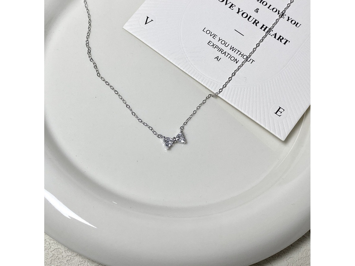 (oro Blanco) Plata De Ley 925, Collar Con Lazo De Mini Corazón Brillante, Cadena Para Clavícula, Dulce Y Sofisticado.