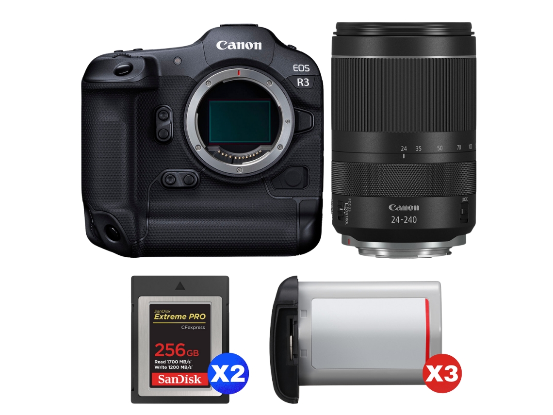 Canon Eos R3 + Rf 24-240mm F/4-6.3 Is Usm + 2 Sandisk 256gb Extreme Pro Cfexpress Type B + 3 Canon Lp-e19 + Ebook Pricedirect