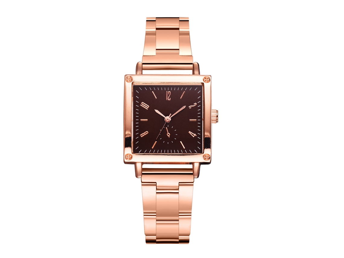 Reloj De Pulsera De Cuarzo Con Correa De Aleación, Números Romanos Cuadrados, Estilo Casual Y Moderno, Oro Rosa, Marrón.