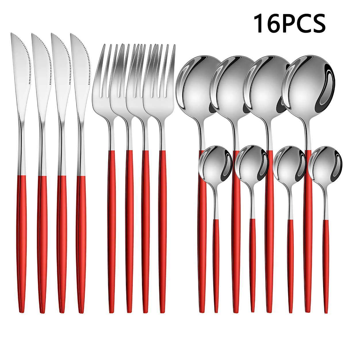 (16pcs Set Silver Red) Conjunto De Cubiertos De Acero Inoxidable, Incluyendo Western Steak Knife Y Tenedor Cuchara