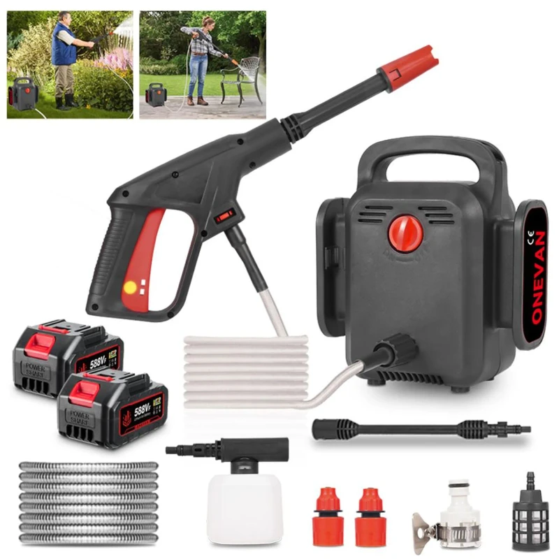 Hidrolimpiadora de alta presión con motor sin escobillas de 3,1 l/min, 2 baterías, manguera de 10 m y tubo de entrada de agua de 5 m. Ideal para patios.