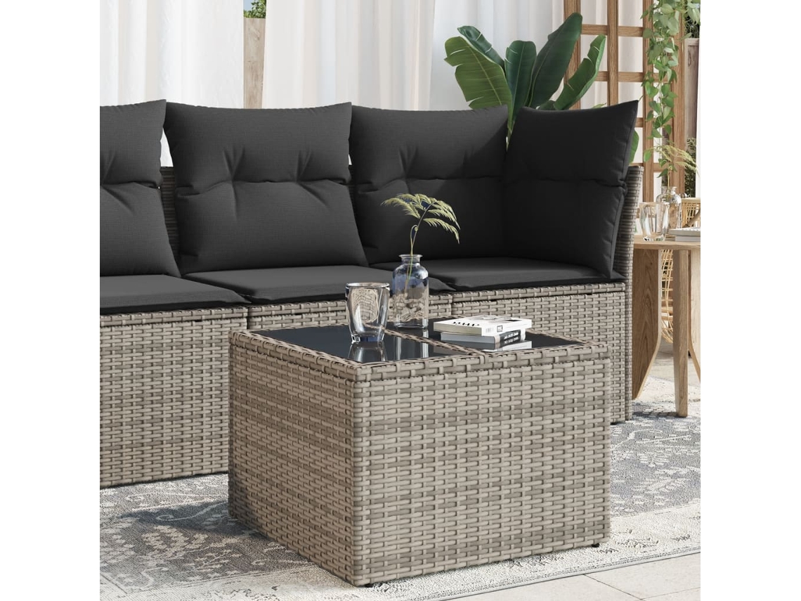 Mesa de Jardín Mesa de Exterior con Tapa de Cristal 55x55x37 cm Mimbre Pe Gris Lovely Home