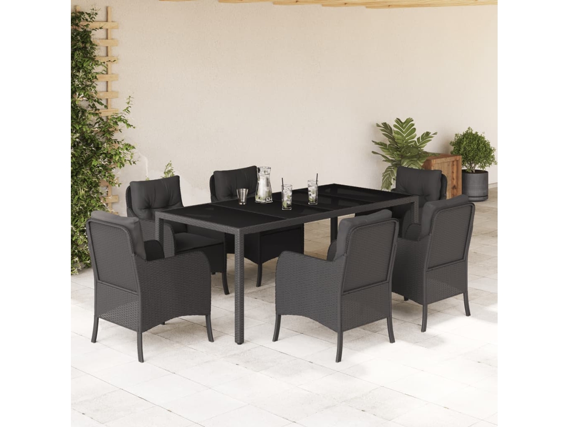 Juego de comedor de jardín de 7 piezas DKD Home Decor con cojines de mimbre negros