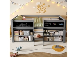 Cama Semi Alta 90x200 Cm - Estantes De Almacenamiento, Barandilla, Escalera, Estilo Minimalista, Gris