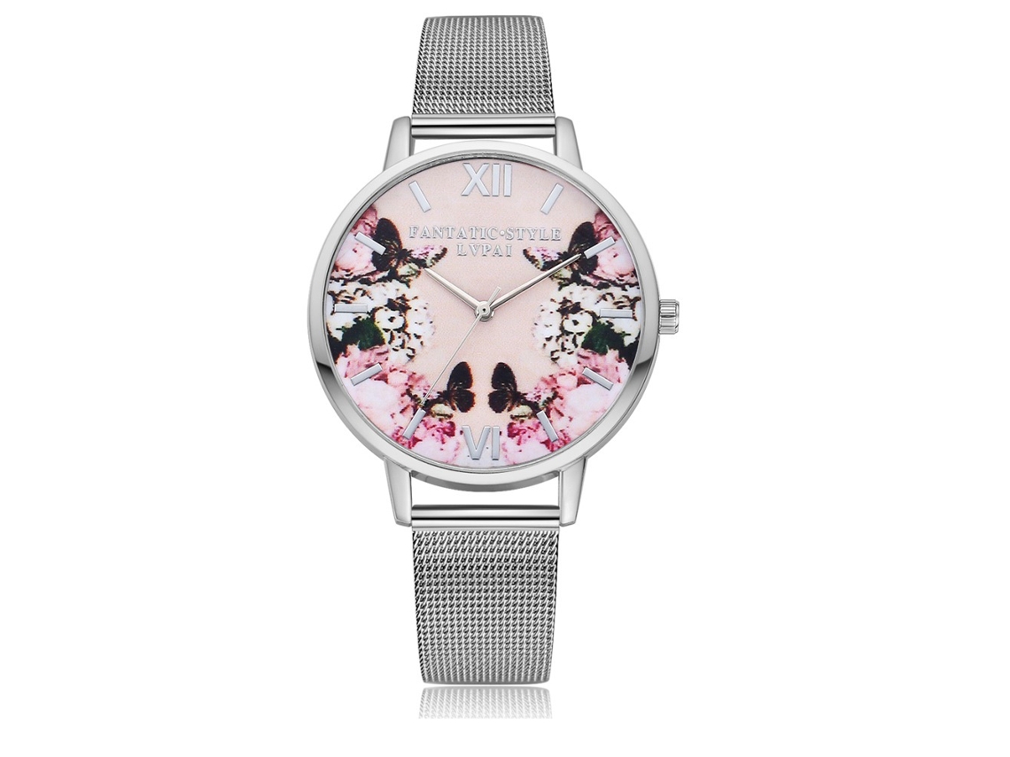 Reloj Analógico De Cuarzo Para Mujer Gaiety Con Brazalete Fino De Aleación Y Estampado Floral (plateado)