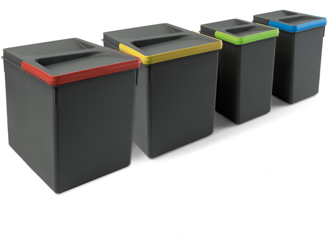 EMUCA Kit Cubo De Basura De Reciclaje Para Cajón De Cocina Altura De Reciclaje 266Mm- 2X15Litros- 2X7Litros- Plástico Gris Antracita