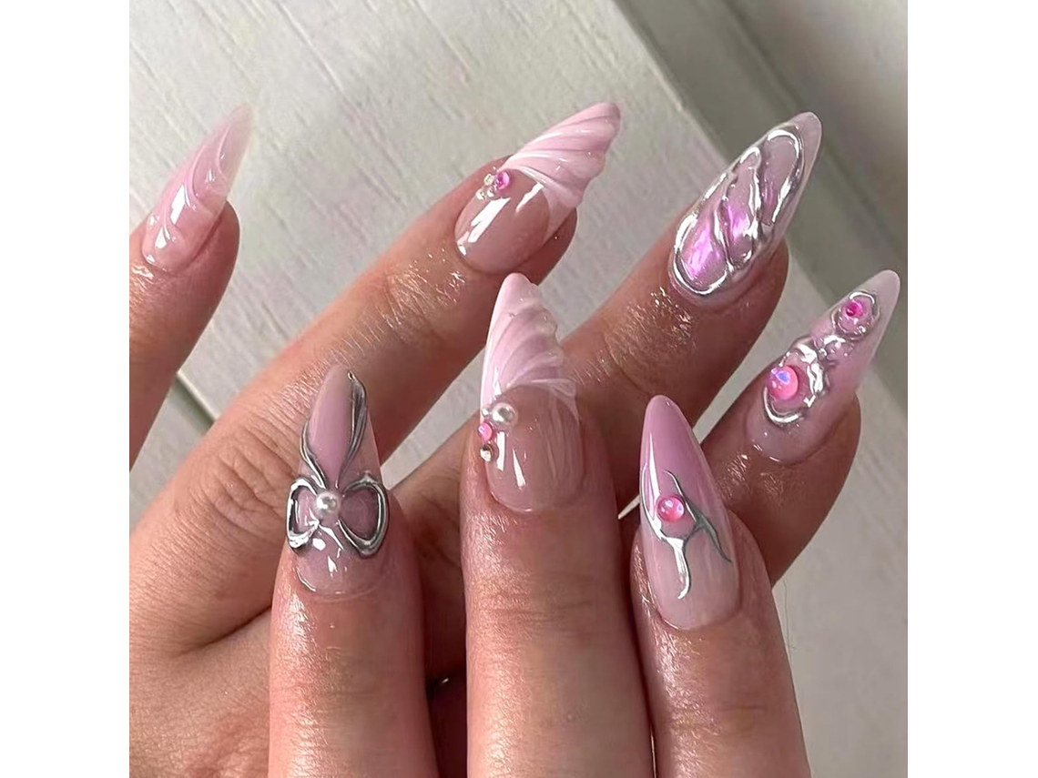 Juego De 24 Uñas Postizas 3d Con Forma De Almendra, Lazo Artificial, Punta Francesa, Para Pegar Sobre Purpurina.
