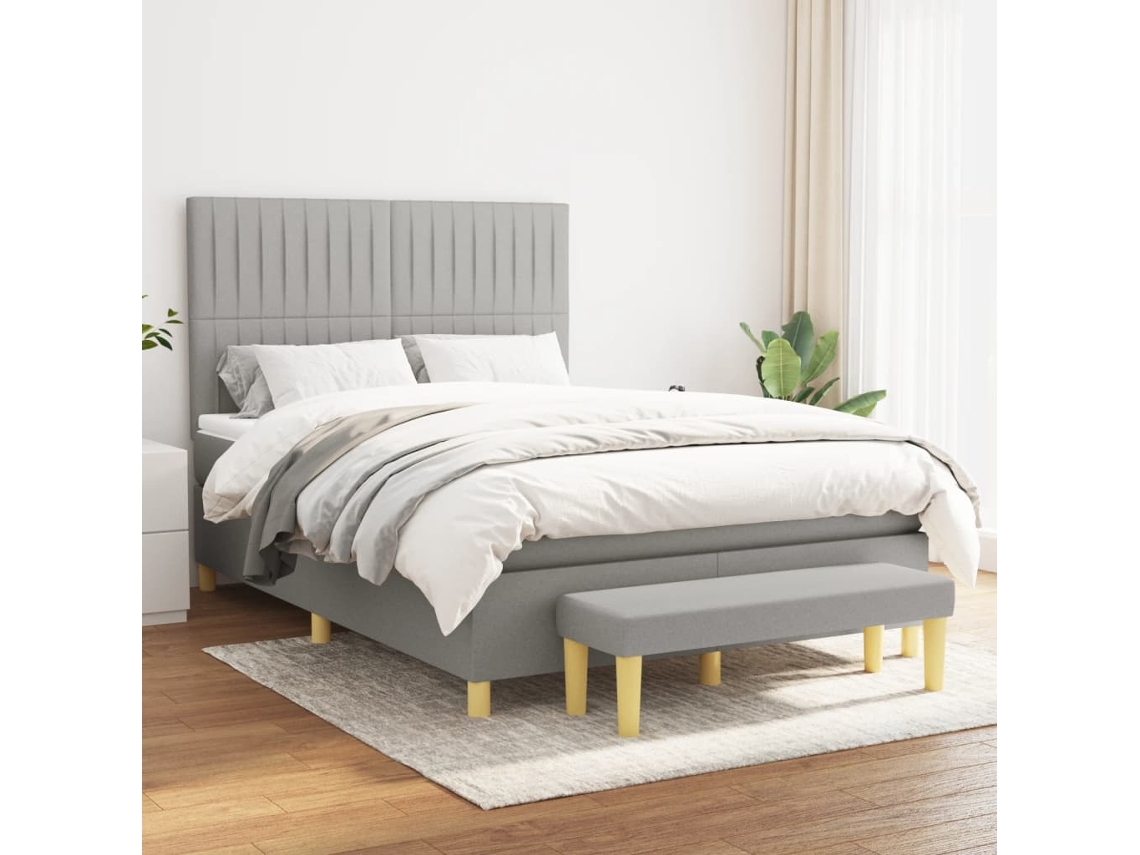 Cama Box Spring Con Colchón Tela Gris Claro 140x190 Cm