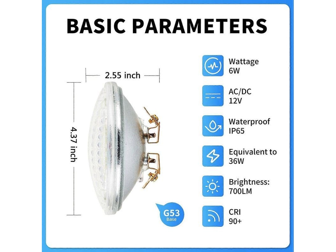 Bombillas Led Par36 Para Exteriores, 6w, 3000k, Blanco Cálido, Ac/dc12v, 700 Lúmenes, Bombilla Led Par36 Equivalente A Halógena De 36w, Luz Led Par 36 Resistente Al Agua (1 Unidad)