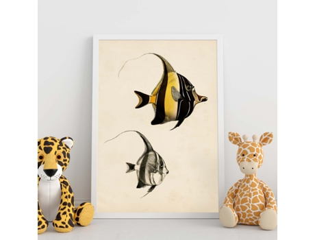 Póster NACNIC de Dos Peces Amarillo y Negro en , Fondo Papel Vintage.