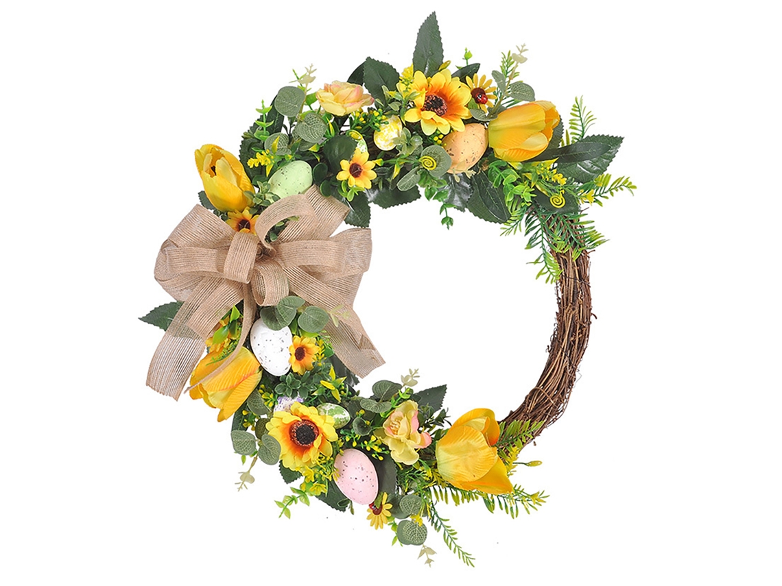 Corona de Pascua decorada con huevos de Pascua.