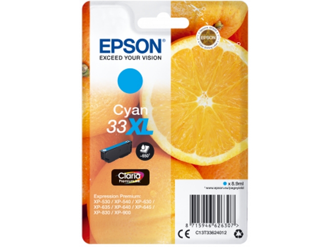 Cartucho de tinta original EPSON, 33, Naranjas 8,9 ml , Cian, Alta, XL, C13T33624012, T3362