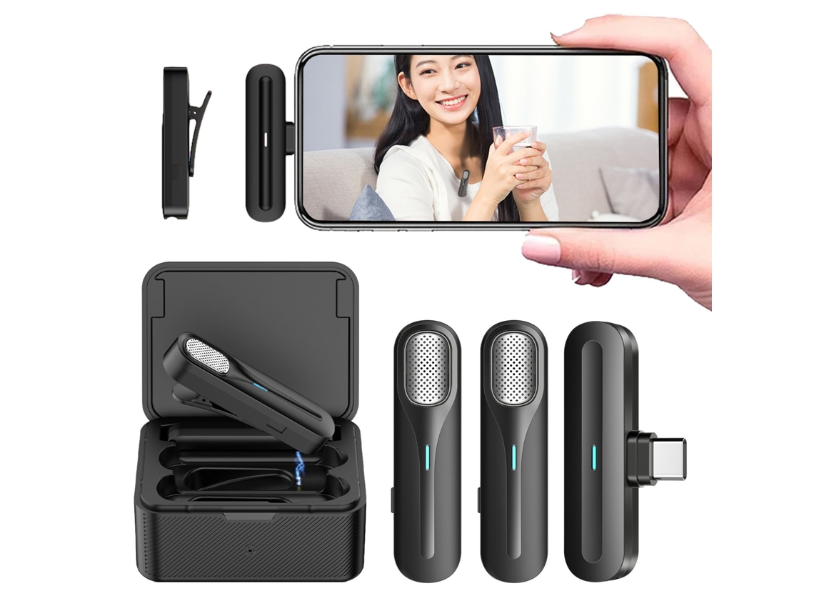 Microfone de Lapela Sem Fio Dx02 Type-C com Cancelamento de Ruído e Estojo de Carregamento
