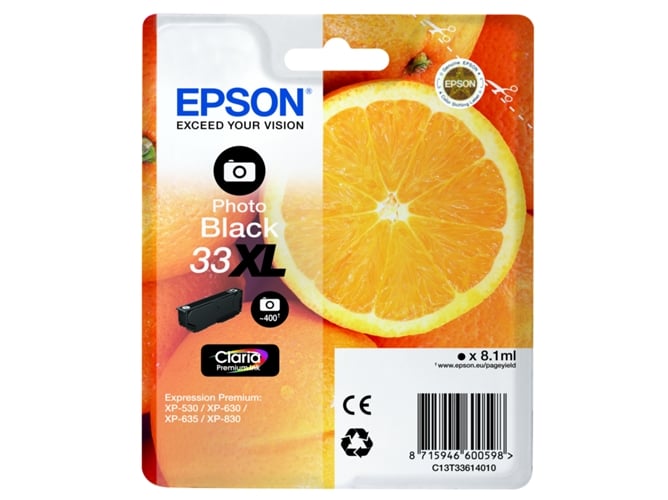 Cartucho de tinta original EPSON, 33, Naranjas 8,1 ml , Negro foto, XL, C13T33614022, T3361