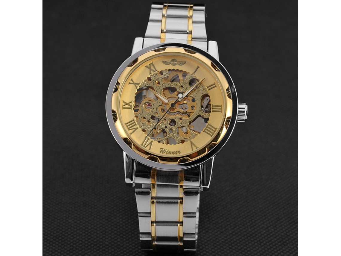 Reloj Mecánico Hombre Resistente Al Agua Correa Acero Hueco Winner Oro