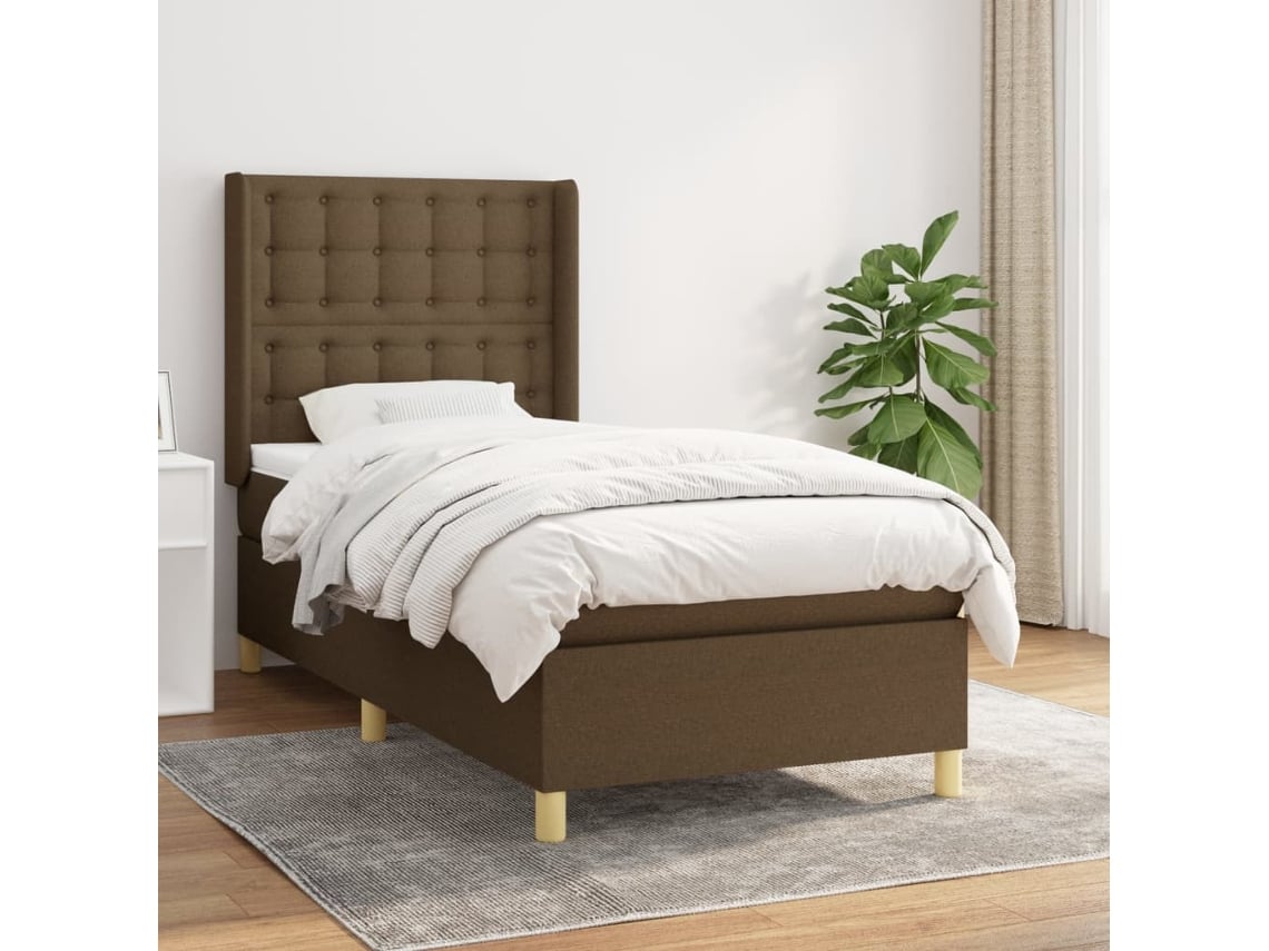 Cama Box Spring Con Colchón Tela Marrón Oscuro 90x200 Cm