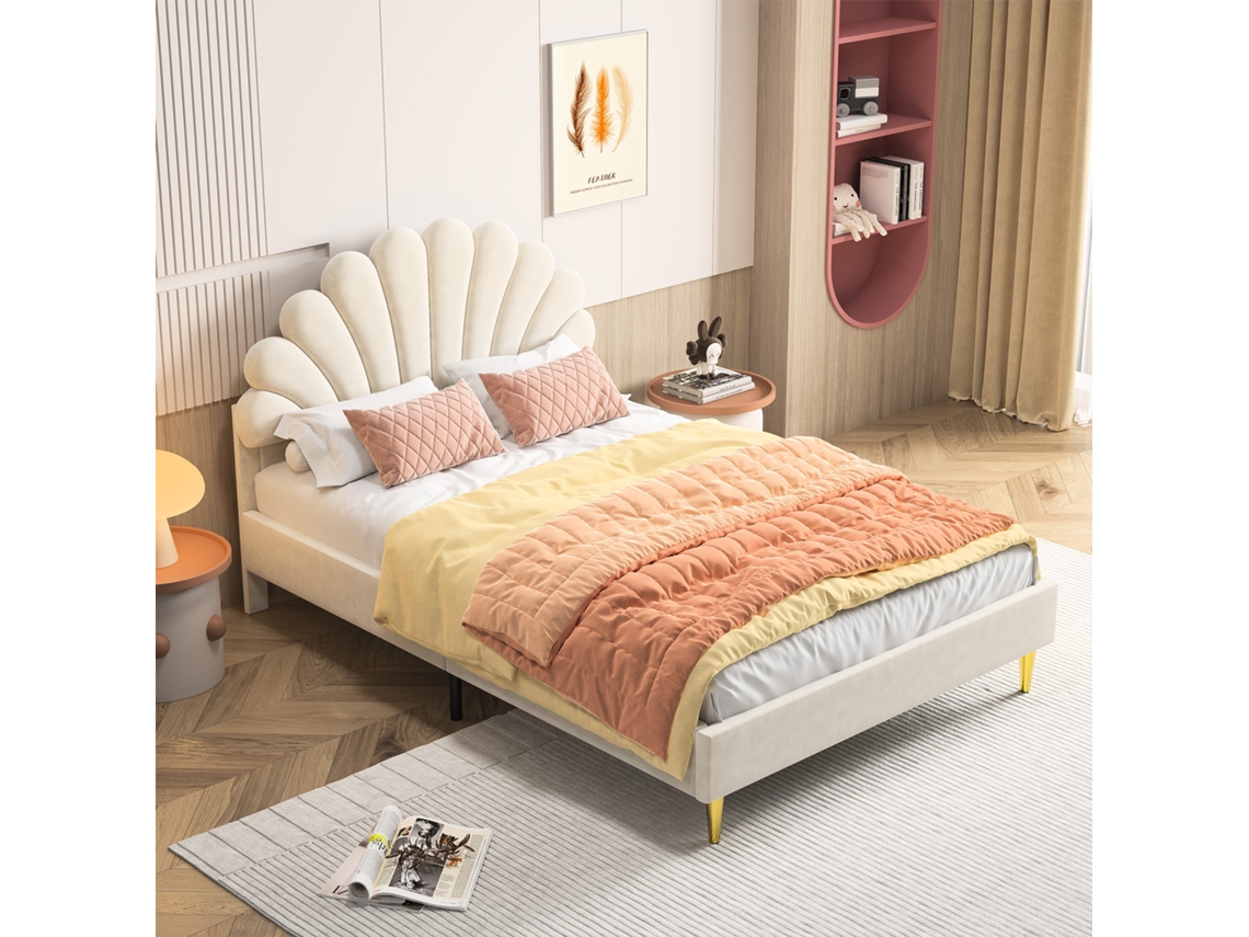 Cama Infantil De Pétalos 140x200. Cabecero Nube En Terciopelo Beige. Patas Metálicas Doradas, Capacidad 250 Kg. Diseño Moderno.