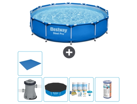 Piscina BESTWAY Round Steel Pro - 305 x 76 cm - Azul - Bomba incluida Cubrir - Paquete de mantenimiento - Filtrar - Suelo