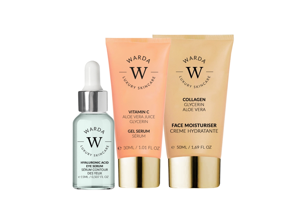 Suero en gel iluminador con vitamina C (30 ml) + Suero para ojos con ácido hialurónico (15 ml) + Hidratante reafirmante con colágeno (50 ml)