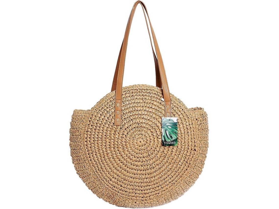 2026altiro-bolso Redondo De Paja Tejida Con Cremallera Y Asas De Cuero Para La Playa. Bolso De Hombro De Verano.