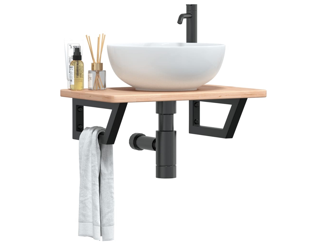Estante De Lavabo De Pared | Estante Flotante De Acero Y Madera Maciza De Roble