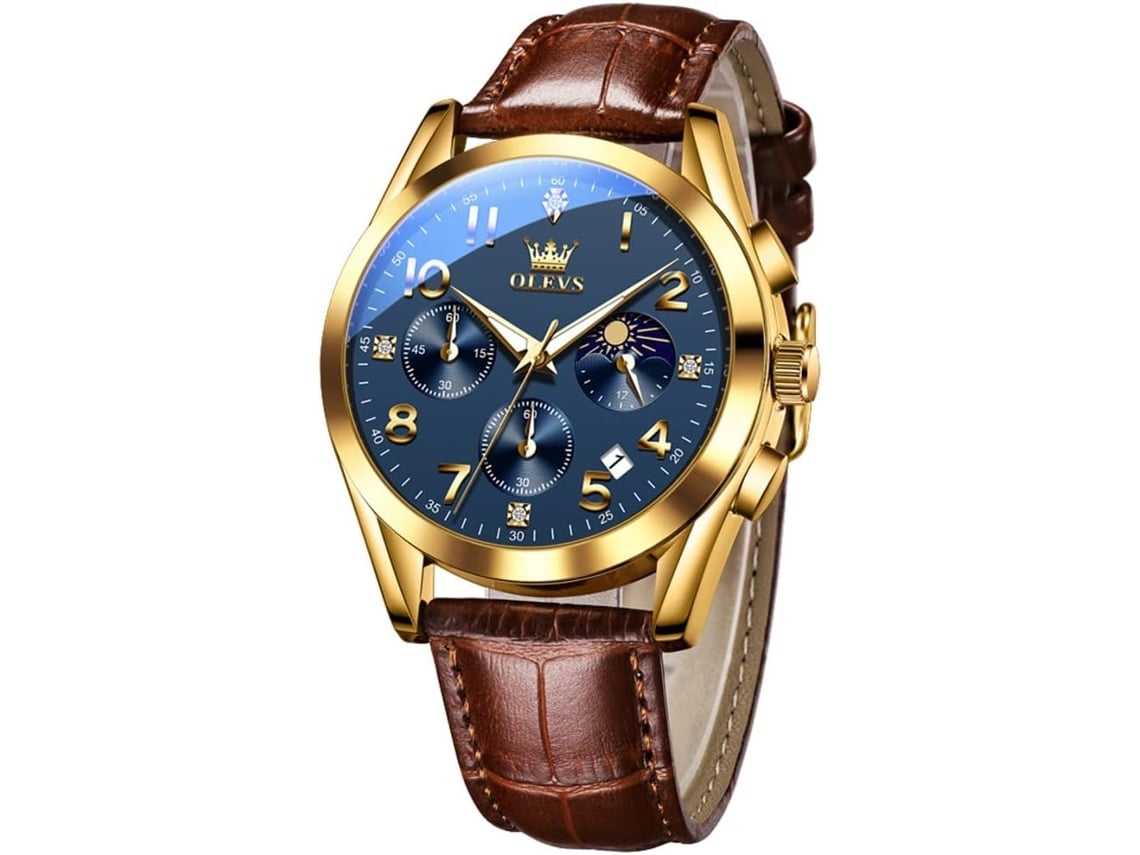 Reloj Masculino De Cuero Con Esfera Grande Cronógrafo De Cuarzo A Prueba De Agua Con Datacaixa Dorada Azulyuysan