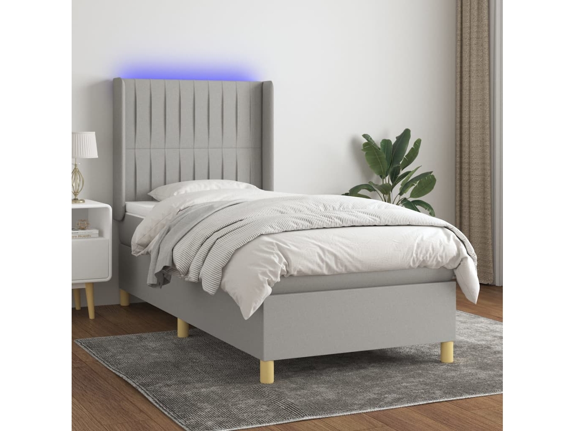 Cama Box Spring Colchón Y Luces Led Tela Gris Claro 80x200 Cm
