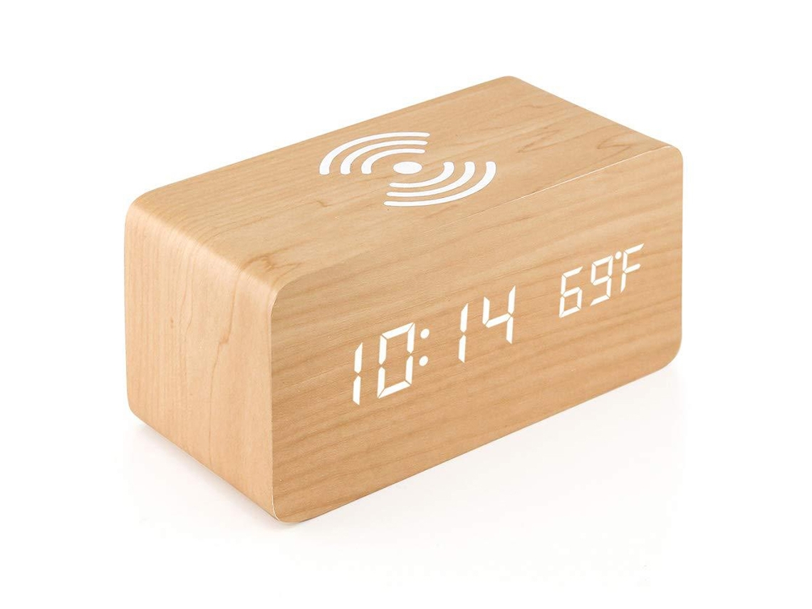 Reloj despertador digital de madera, LED, carga inalámbrica, mesita de noche RNEMITERY