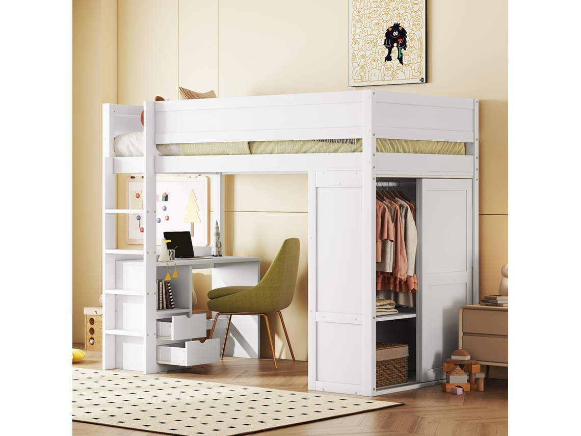 Cama alta infantil versátil de 90*200cm, equipada con armario, escritorio y cajones, en color blanco.
