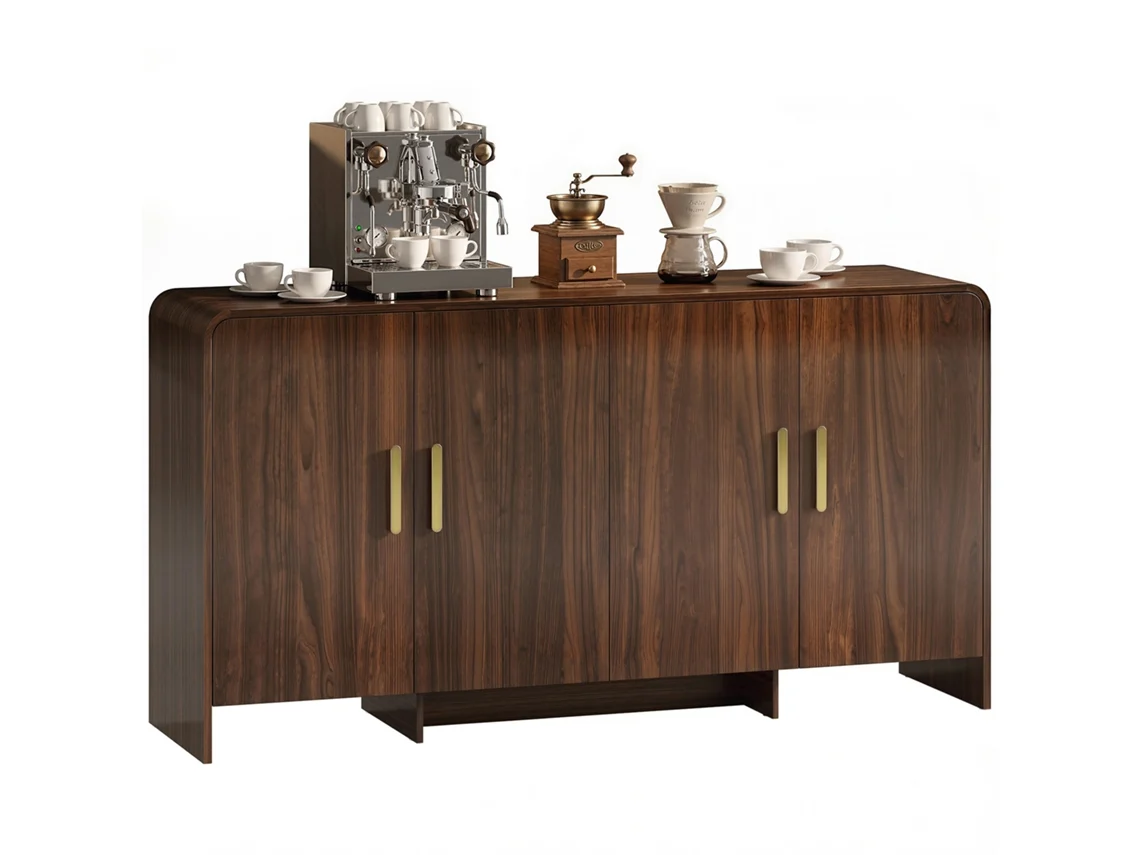 Aparador De Cocina, Mueble De Almacenamiento Con 4 Puertas De Cierre Suave, 4 Compartimentos Y Bordes Redondeados, 152x40x80cm, Nogal