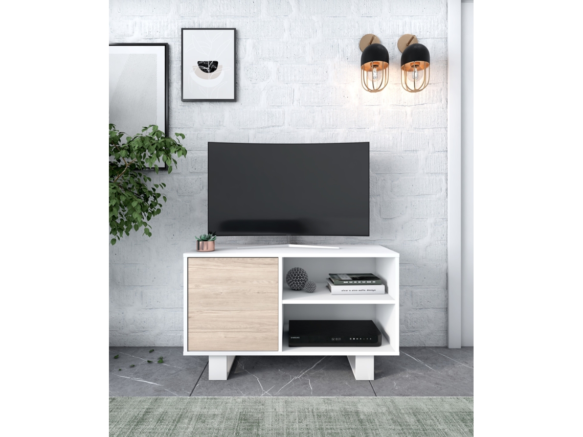 Conjunto De Muebles Wind Compuesto Por 1mueble Tv100 Y 1 Mesa De Centro, Color Blanco Y Roble, Patas Blancas, Mueble Auxiliar.