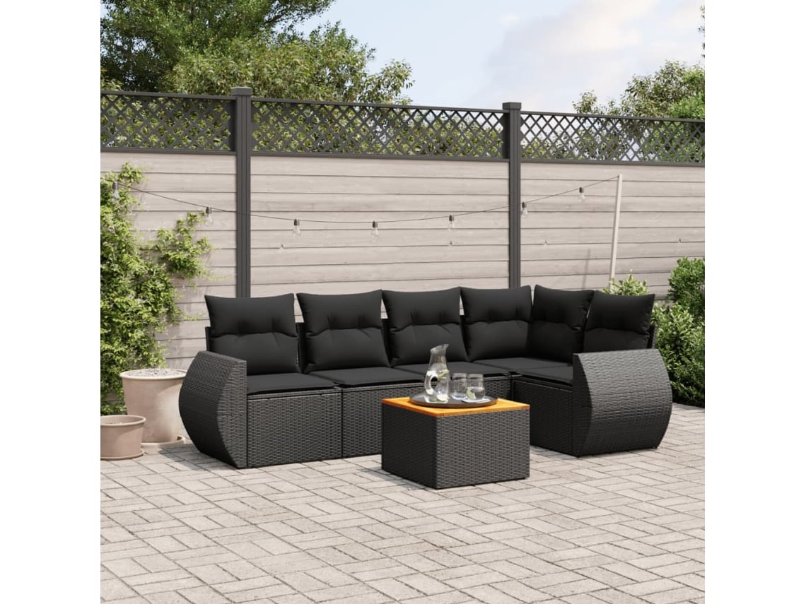 Conjunto de sofá de jardín de 6 piezas con cojines, mimbre sintético negro, DKD Home Decor