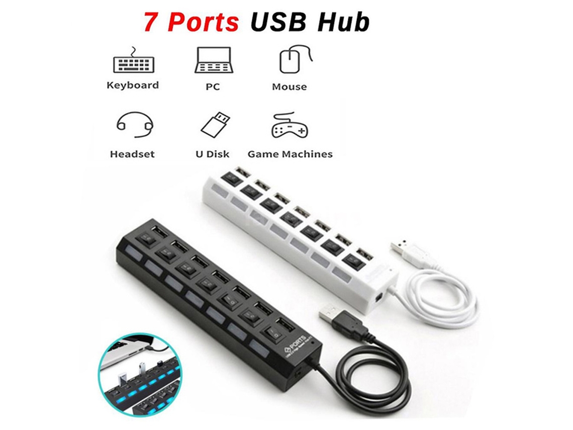 Hub Usb 2.0 De 7 Puertos Con Interruptores Led Delgados, Portátil, Plug Play Para Windows/mac/linux