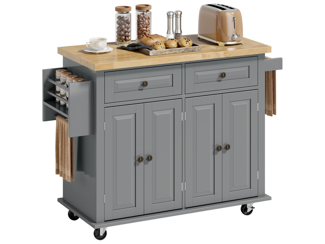 Ilha de Cozinha com Rodas, Gaveta, Prateleiras e Barra Lateral, 111x44,5x82,5 Cm, Cinza e Madeira, ZENCORE SERVICES