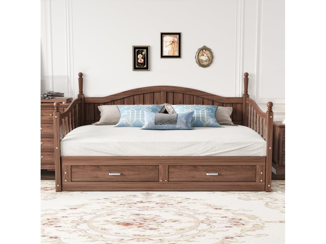 Sofá Cama Extensible 90/180x190 Cm, Columnas Romanas, Cajones, Pino Nogal