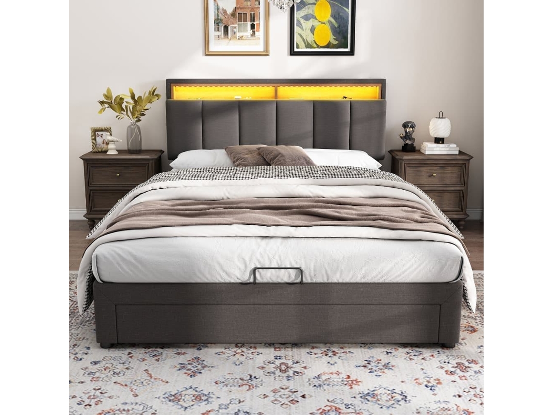Cama Tapizada Led 140*190 - Almacenamiento Hidráulico Con Cajones Y Cabezal Abatible - Gris