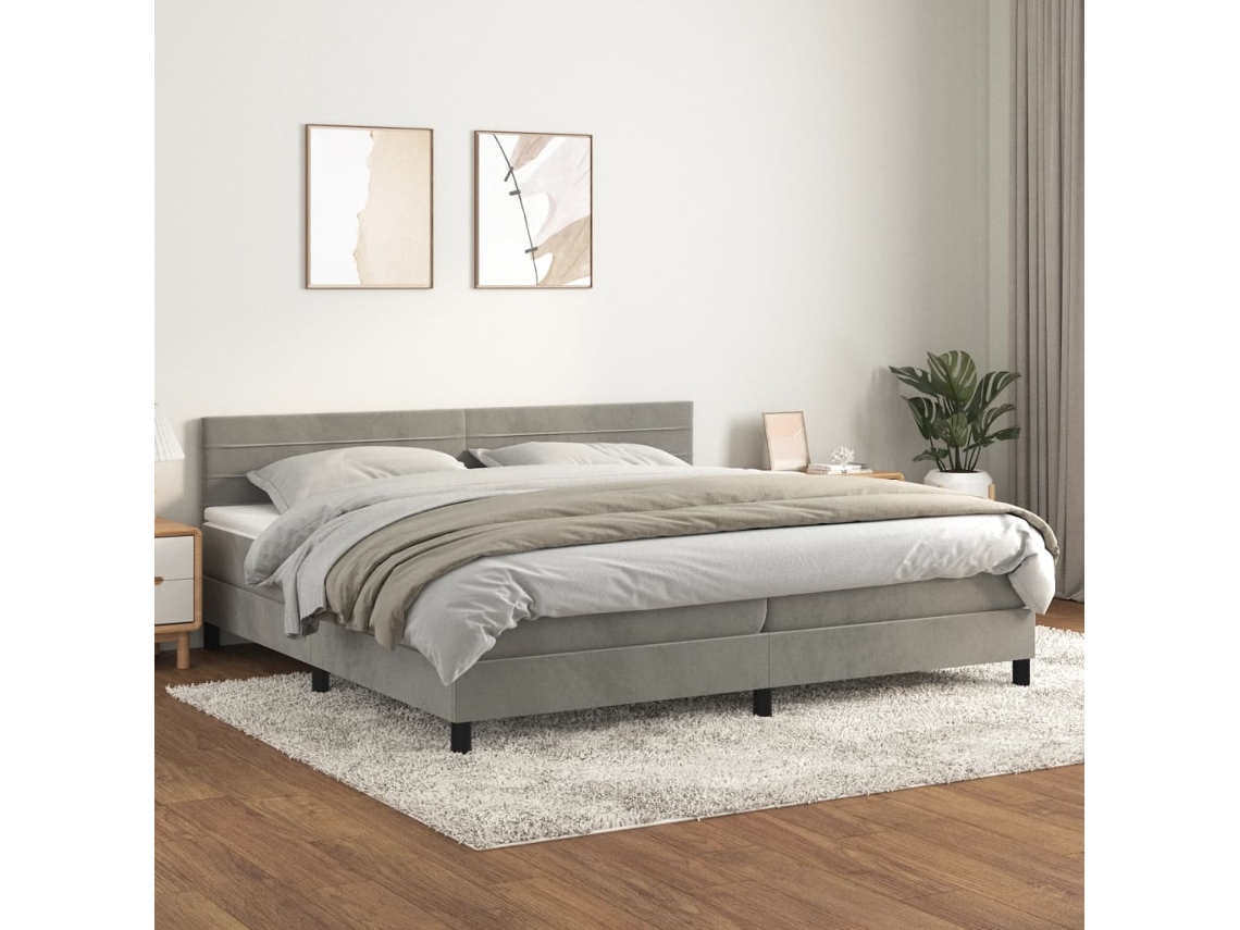 Cama Box Spring Con Colchón Terciopelo Gris Claro 200x200 Cm