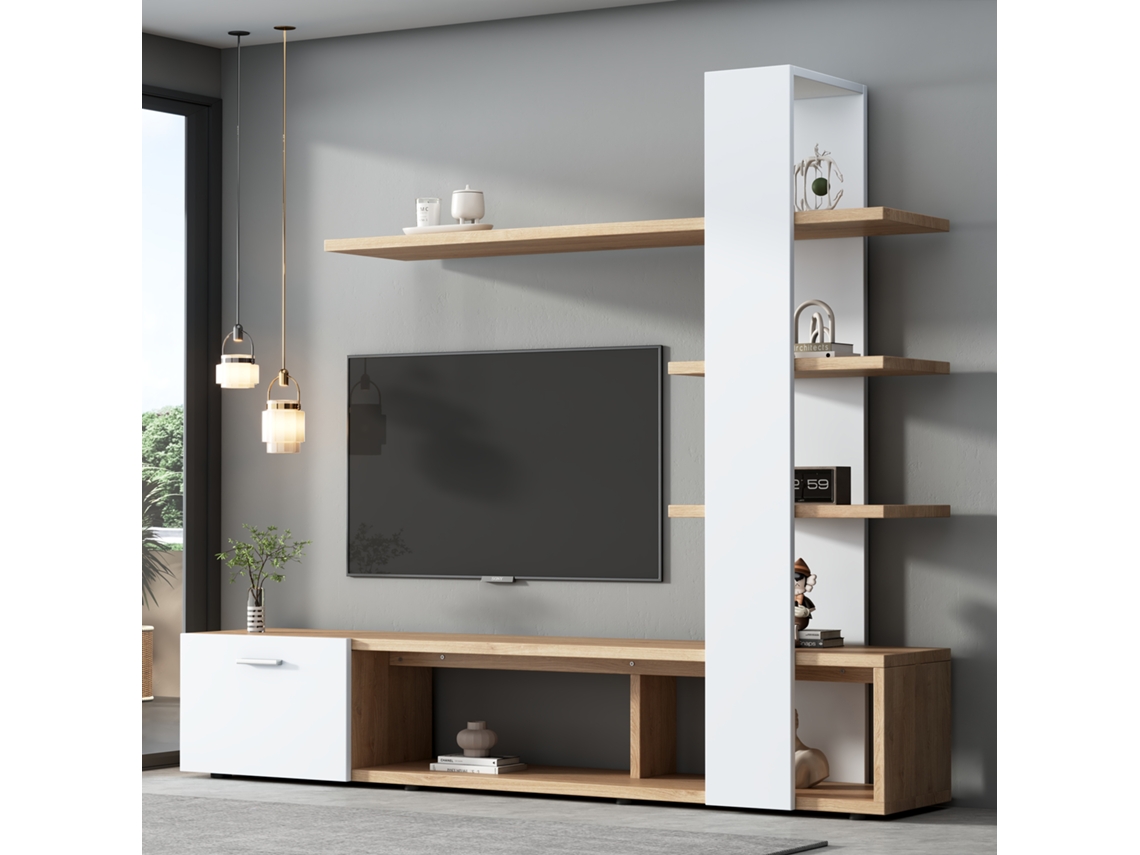 Mueble de pared para salón, mueble de TV de 180 x 33,5 x 151,5 cm, apto para televisores de hasta 60 pulgadas, diseño en roble blanco.