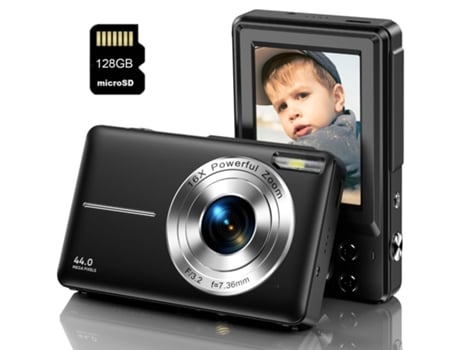 Cámara fotos digital compacta DC403 Nivel de entrada Regalo de cámara para niños FHD 44MP ZOOM 16X Pantalla de 2,4 pulgadas + 128GB - Negro LKC