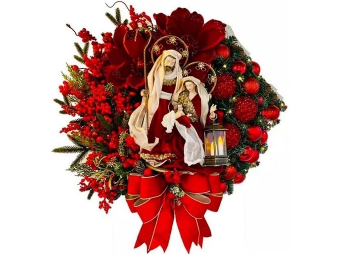 Corona Navideña Para La Puerta Principal Con Diseño Decorativo De Frutas Y Jesús, 25x22cm.