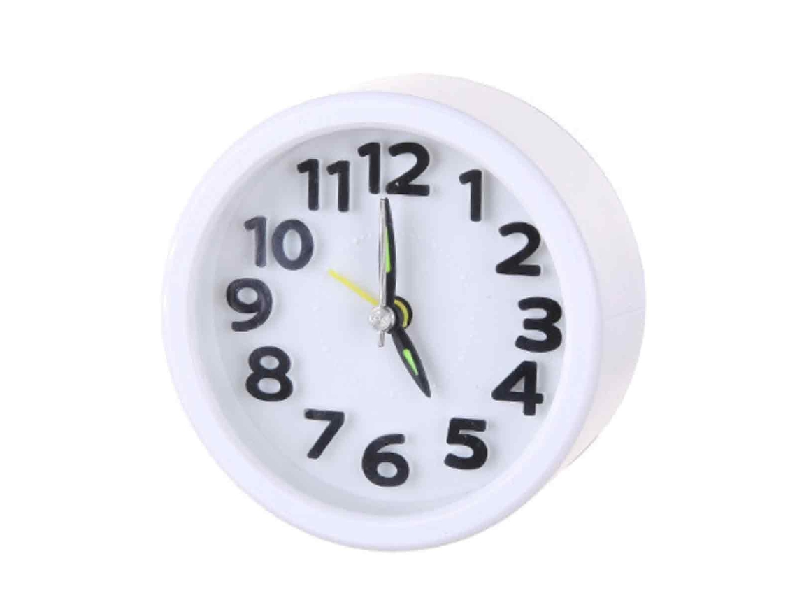 Mini reloj de mesa silencioso y sencillo para el hogar, dormitorio y mesita de noche, modelo redondo blanco.