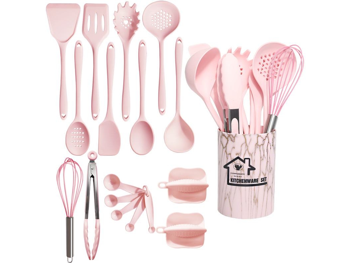 18 Piezas De Utensilios De Cocina De Silicona Antiadherentes Resistentes Al Calor Rosa Gertiz
